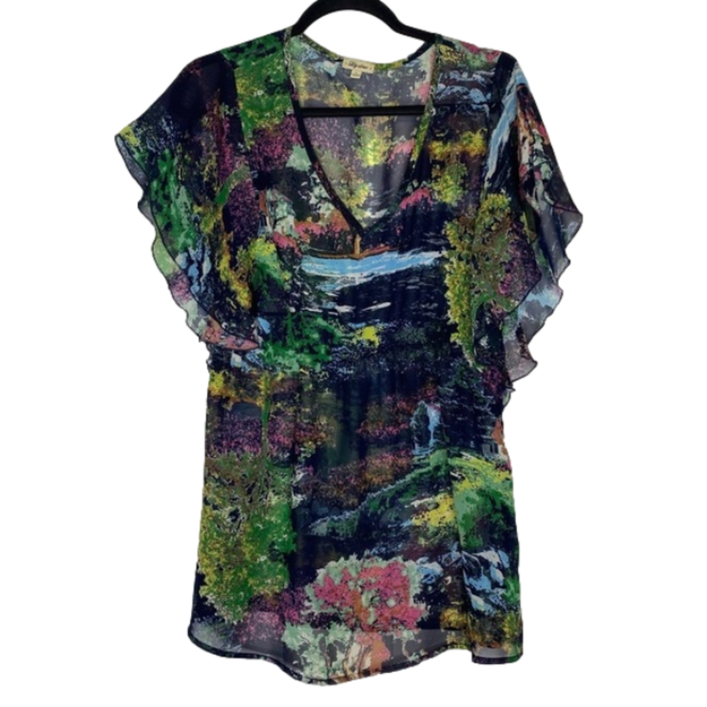 Lily Star Mesh Tunic, Landscape and Floral print of lakes trees - ruffle sleeves